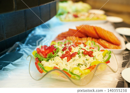 Food, salad and buffet table at restaurant for catering service, lunch or dinner at event. Fine dining, banquet or meal at party for nutrition, health or diet with vegetables closeup for display Food, salad and buffet table at restaurant for catering service, lunch or dinner at event. Fine dining, banquet or meal at party for nutrition, health or diet with vegetables closeup for display 140355238