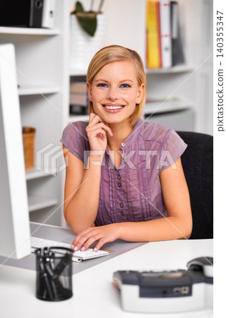 Computer, smile and portrait of woman in office typing for online email for corporate appointment. Happy, technology and young female receptionist working on project with desktop by desk in workplace 140355347