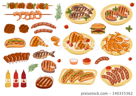 Grilled food element set with meat and seafood, isolated on a white background. Collection of barbecue sausages, burgers, and ribs. 140355362