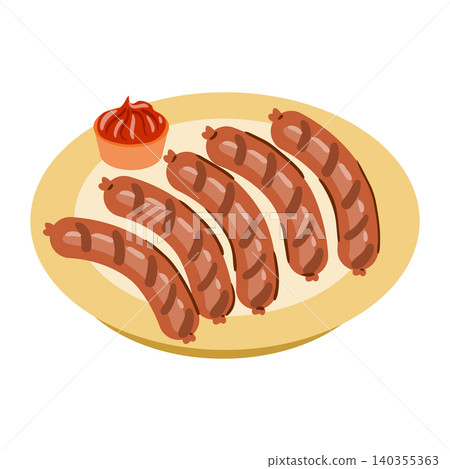 Grilled sausages illustration with sauce on a plate, isolated on a white background. 140355363