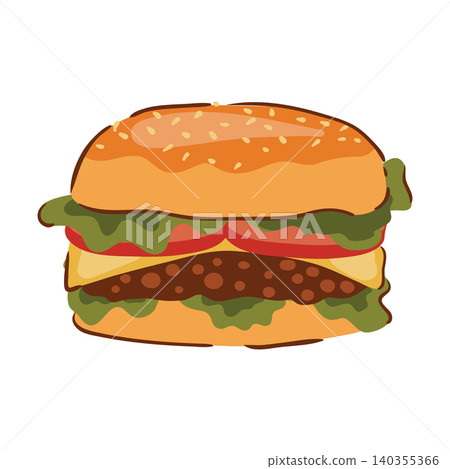 Gourmet cheeseburger illustration with sesame bun, lettuce, and tomato, isolated on a white background. Gourmet cheeseburger illustration with sesame bun, lettuce, and tomato, isolated on a white background. 140355366