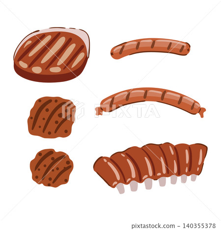 Barbecue meat vector element set with grilled ribs, steak, and sausages, isolated on a white background. 140355378