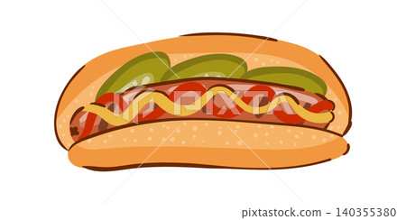 Chicago style hot dog vector illustration with mustard, ketchup, and pickles, isolated on a white background. Chicago style hot dog vector illustration with mustard, ketchup, and pickles, isolated on a white background. 140355380