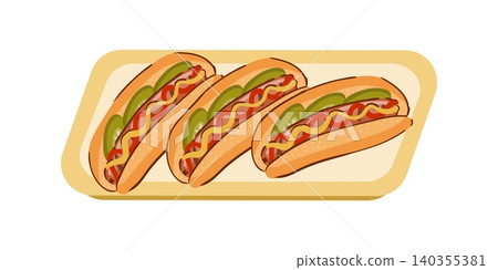 Hot dog platter illustration on a serving tray, isolated on a white. Carnival street food combo. Hot dog platter illustration on a serving tray, isolated on a white. Carnival street food combo. 140355381