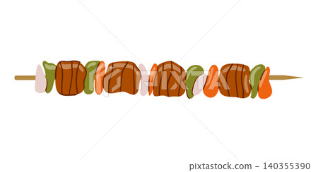Grilled beef shish kebab skewer vector illustration with vegetables, isolated on a white background. Grilled beef shish kebab skewer vector illustration with vegetables, isolated on a white background. 140355390