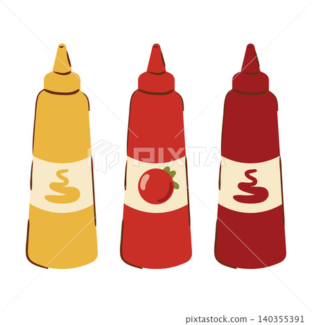 Mustard, ketchup, and barbecue sauce squeeze bottles vector illustration set, isolated on a white background. 140355391