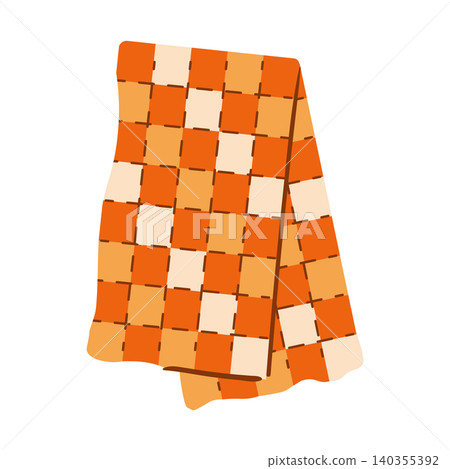 Orange and white checkered picnic blanket, folded and isolated on a white background. Gingham patterned fabric tablecloth. Orange and white checkered picnic blanket, folded and isolated on a white background. Gingham patterned fabric tablecloth. 140355392