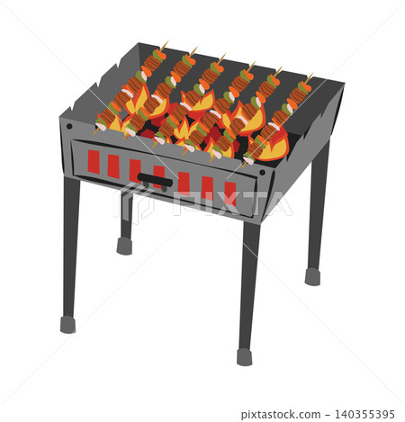 Charcoal mangal grill illustration with meat shashlik skewers, isolated on a white background. Charcoal mangal grill illustration with meat shashlik skewers, isolated on a white background. 140355395