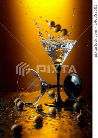 Green olives and glass of martini on a black stone table. Green olives and glass of martini on a black stone table. 140355503