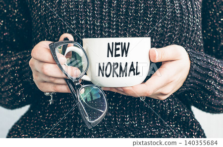 The new normal after COVID-19. Coronavirus pandemic concept. Cap with text girl holds in ypur hahds 140355684