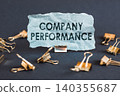A scrap of blue paper with clips on a gray background with the text - COMPANY PERFORMANCE. 140355687