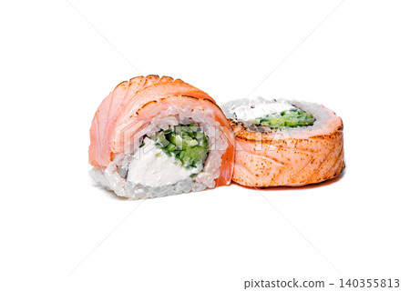 Isolated pair of salmon philadelphia sushi rolls with different fillings on white background jpeg Isolated pair of salmon philadelphia sushi rolls with different fillings on white background jpeg 140355813
