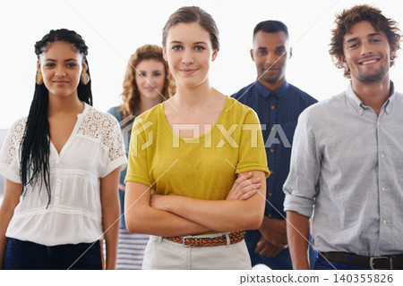 Business people, portrait and smile with teamwork in studio for recruitment, onboarding or hiring process at workplace. Collaboration, professional workers and face with diversity on white background 140355826
