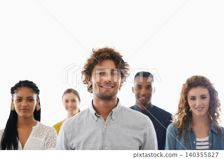 Business people, portrait and happy with teamwork in studio for recruitment, onboarding and hiring process with mockup. Collaboration, professional workers and face with diversity on white background Business people, portrait and happy with teamwork in studio for recruitment, onboarding and hiring process with mockup. Collaboration, professional workers and face with diversity on white background 140355827