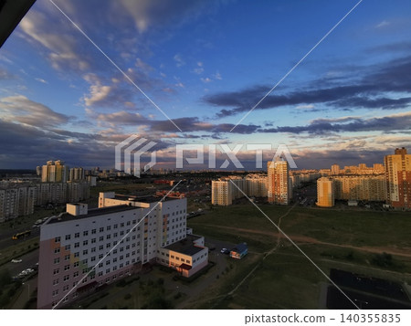 Minsk, Belarus - July 02, 2023: New high rise residential area equipped with parking space and playground, Minsk aerial cityscape Minsk, Belarus - July 02, 2023: New high rise residential area equipped with parking space and playground, Minsk aerial cityscape 140355835