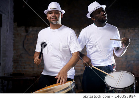 Portrait, drums and band at music performance for culture, heritage or tradition in Rio de Janeiro. Art, creative and samba with drummer black men playing instrument outdoor for street carnival 140355984