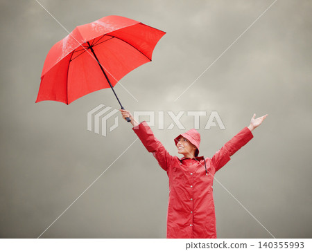 Woman, overcast and umbrella for security, outdoor nature and protection from rain in weather. Female person, insurance and safety or shield from storm, winter and travel for holiday or vacation Woman, overcast and umbrella for security, outdoor nature and protection from rain in weather. Female person, insurance and safety or shield from storm, winter and travel for holiday or vacation 140355993