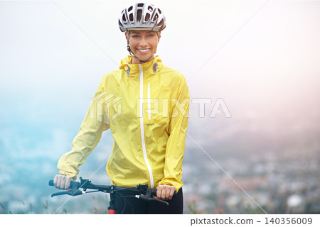 Portrait, fitness and woman with bike in mountains for morning exercise, training or off road hobby. Cycling, smile and sports with happy young athlete in countryside or nature for workout ride Portrait, fitness and woman with bike in mountains for morning exercise, training or off road hobby. Cycling, smile and sports with happy young athlete in countryside or nature for workout ride 140356009