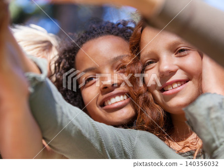 Happy, face and children in selfie outdoor with memory of friends together on vacation. Girls, smile and children capture photography on holiday, adventure or casual moment outdoor in summer Happy, face and children in selfie outdoor with memory of friends together on vacation. Girls, smile and children capture photography on holiday, adventure or casual moment outdoor in summer 140356032