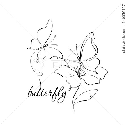 butterfly on flower logo with a brush line. Butterfly silhouette, art brush instead of body, flat vector, isolate on white, contour drawing, Hand drawn. Not AI butterfly on flower logo with a brush line. Butterfly silhouette, art brush instead of body, flat vector, isolate on white, contour drawing, Hand drawn. Not AI 140356137