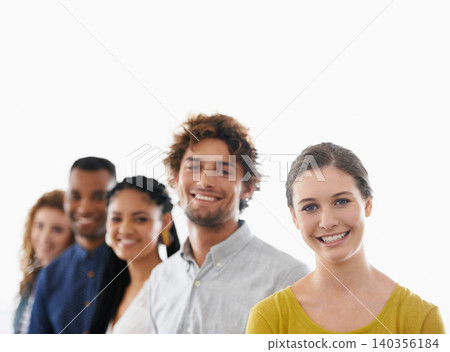 Smile, portrait and team of business people in studio with mockup space for collaboration. Happy, pride and group of young colleagues with positive, good and confident attitude by white background. Smile, portrait and team of business people in studio with mockup space for collaboration. Happy, pride and group of young colleagues with positive, good and confident attitude by white background. 140356184