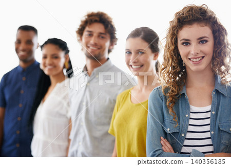Happy, portrait and team of business people in studio with collaboration, diversity or unity. Smile, pride and group of young employees with positive, good and confident attitude by white background. Happy, portrait and team of business people in studio with collaboration, diversity or unity. Smile, pride and group of young employees with positive, good and confident attitude by white background. 140356185