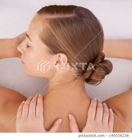Spa, top view and woman or hands with massage for relax, luxury treatment and satisfaction with towel. Person, face and masseuse for body care, pain relief and comfort with calm, wellness or skincare Spa, top view and woman or hands with massage for relax, luxury treatment and satisfaction with towel. Person, face and masseuse for body care, pain relief and comfort with calm, wellness or skincare 140356236