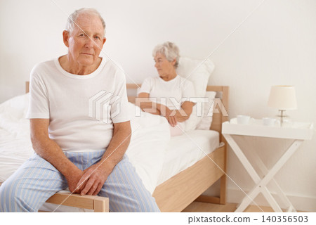 Senior, couple and stress in bedroom with conflict, ignore and crisis in marriage for mental health and retirement. Elderly, woman or man with fight, sad and divorce on bed in home with disagreement Senior, couple and stress in bedroom with conflict, ignore and crisis in marriage for mental health and retirement. Elderly, woman or man with fight, sad and divorce on bed in home with disagreement 140356503