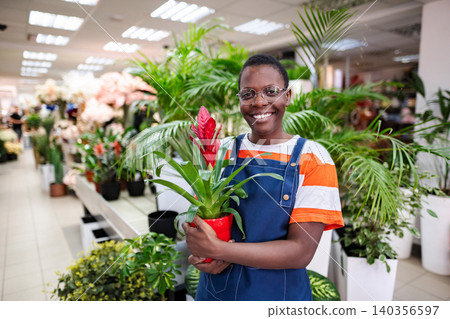 Young florist holding a guzmania lingulata plant, smiling and looking at camera Young florist holding a guzmania lingulata plant, smiling and looking at camera 140356597