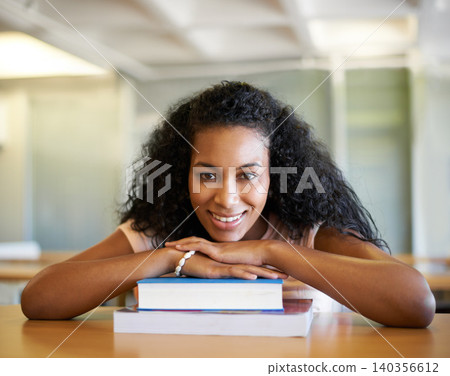 Library, student and portrait of woman with books for knowledge, learning and studying at college. University, education and person with textbook for literature, research and information at academy Library, student and portrait of woman with books for knowledge, learning and studying at college. University, education and person with textbook for literature, research and information at academy 140356612