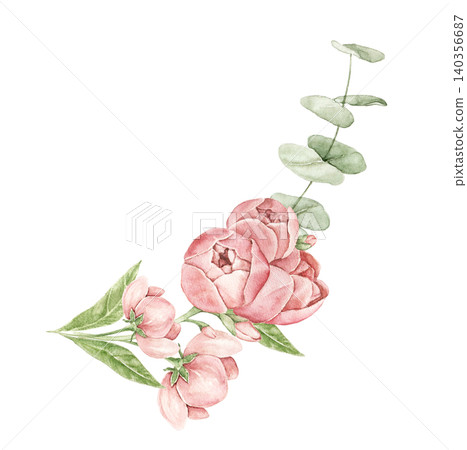 Watercolor corner composition with roses, buds, eucalyptus branches and green foliage. Hand painted botanical illustration for invitations, stationery, packaging and wedding designs. Watercolor corner composition with roses, buds, eucalyptus branches and green foliage. Hand painted botanical illustration for invitations, stationery, packaging and wedding designs. 140356687