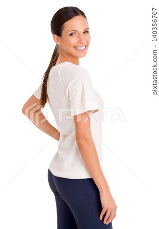 Happy, model and portrait with fashion in studio, white background or mock up. Happy, woman and creative style for work as professional art director with a smile for confidence and pride career Happy, model and portrait with fashion in studio, white background or mock up. Happy, woman and creative style for work as professional art director with a smile for confidence and pride career 140356707