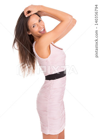 Studio, excited and portrait with smile, woman and happiness or confidence. Model, fashion and positive with summer style, empowerment and proud or elegant with pink dress on white background Studio, excited and portrait with smile, woman and happiness or confidence. Model, fashion and positive with summer style, empowerment and proud or elegant with pink dress on white background 140356794