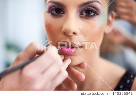 Woman, portrait and apply makeup artist with hands for beauty, beautician and brush for color powder and glamour. Lipstick, cosmetology and cosmetic care with people backstage for styling makeover 140356841