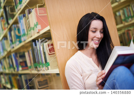 Woman, learning and university for education in library, smile and research for assignment or homework. Student, reading and studying with book, school and happiness for knowledge in college Woman, learning and university for education in library, smile and research for assignment or homework. Student, reading and studying with book, school and happiness for knowledge in college 140356880