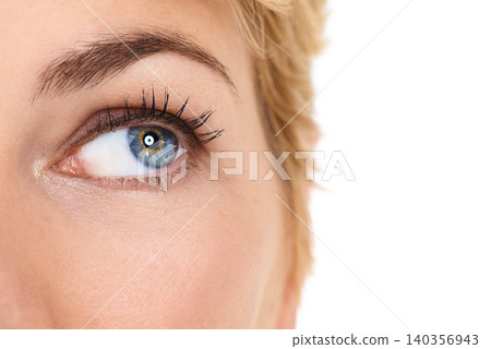 Closeup, eye and woman with beauty, vision and neutral eyeshadow isolated on white studio background. Person, cosmetics and girl with glamour look and mascara lashes with makeup or eyesight with iris Closeup, eye and woman with beauty, vision and neutral eyeshadow isolated on white studio background. Person, cosmetics and girl with glamour look and mascara lashes with makeup or eyesight with iris 140356943
