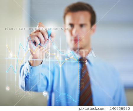 Abstract, hologram and businessman writing on graphs for software technology with information. Futuristic, career and professional finance analyst planning investment statistics with 3d chart display Abstract, hologram and businessman writing on graphs for software technology with information. Futuristic, career and professional finance analyst planning investment statistics with 3d chart display 140356950