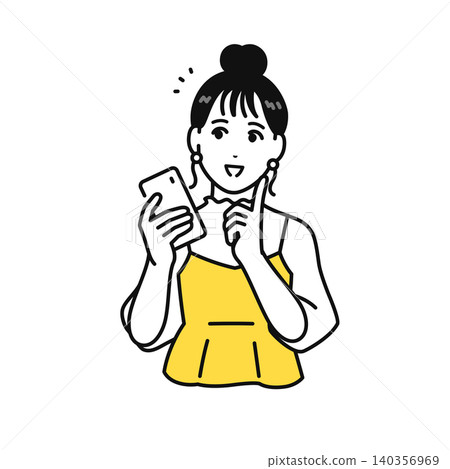 A young woman with her hair tied up, smiling and holding her smartphone. A young woman with her hair tied up, smiling and holding her smartphone. 140356969