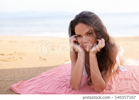 Relax, portrait or happy woman at beach for travel adventure or peace on holiday vacation in Bali. Tourist, picnic or female person on sand with blanket or smile in nature for fresh air, sea or ocean Relax, portrait or happy woman at beach for travel adventure or peace on holiday vacation in Bali. Tourist, picnic or female person on sand with blanket or smile in nature for fresh air, sea or ocean 140357107