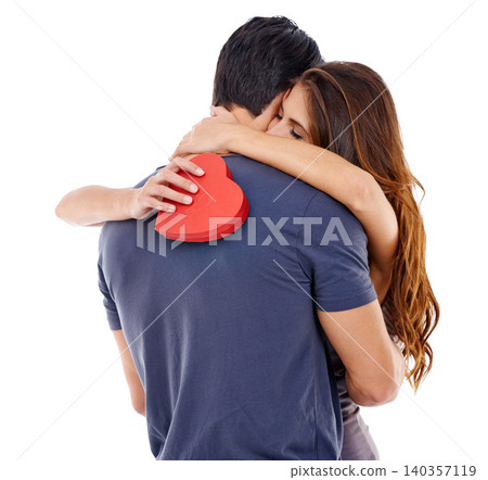 Hug, paper and heart with couple, love and relationship isolated on white studio background. Bonding together, man and woman with cutout or symbol with embrace or Valentines day with marriage or gift 140357119