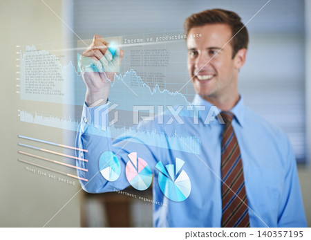 3D, holographic and businessman writing on charts for software technology with information. Futuristic, career and professional male finance analyst planning investment statistics with graph display. 3D, holographic and businessman writing on charts for software technology with information. Futuristic, career and professional male finance analyst planning investment statistics with graph display. 140357195