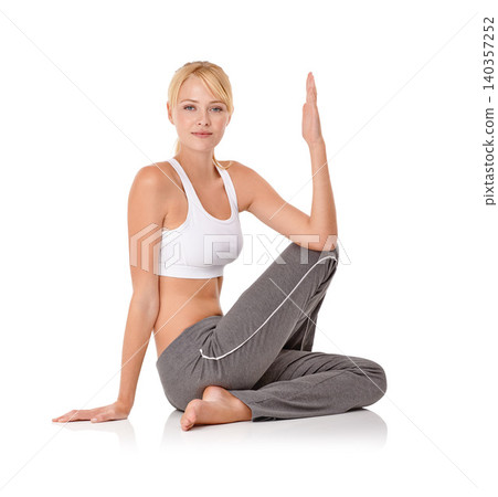 Woman, portrait or yoga and stretching in studio for exercise, healthy body or wellness with fitness or smile. Pilates, person and face or flexible in sportswear for core strength on white background Woman, portrait or yoga and stretching in studio for exercise, healthy body or wellness with fitness or smile. Pilates, person and face or flexible in sportswear for core strength on white background 140357252