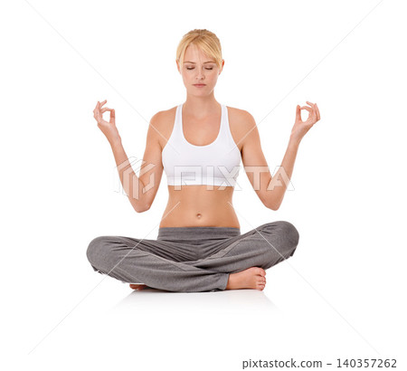 Woman, zen and yoga with meditation in studio for exercise, healthy body and wellness with relax or start. Pilates, person and fitness with posture or spiritual and mindfulness on white background Woman, zen and yoga with meditation in studio for exercise, healthy body and wellness with relax or start. Pilates, person and fitness with posture or spiritual and mindfulness on white background 140357262