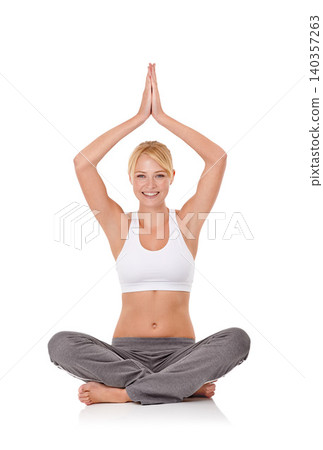 Namaste yoga mudra, woman and smile for practice in studio and white background for exercise in sportswear. Girl, warm up and training with balance, relaxation and fitness for physical body and zen Namaste yoga mudra, woman and smile for practice in studio and white background for exercise in sportswear. Girl, warm up and training with balance, relaxation and fitness for physical body and zen 140357263