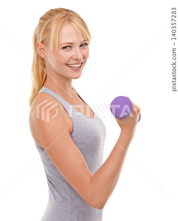 Fitness, happy and woman with dumbbell weight in studio for health, wellness and body workout or training. Strength, sports and young female athlete with arm exercise isolated by white background. Fitness, happy and woman with dumbbell weight in studio for health, wellness and body workout or training. Strength, sports and young female athlete with arm exercise isolated by white background. 140357283