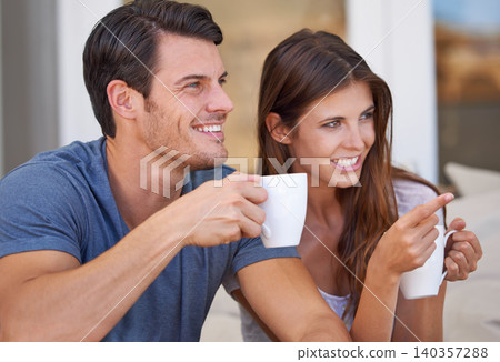 Couple, watching tv and point with coffee on sofa for questions, conversation or choice in home. People, man and woman on lounge couch with streaming, movies and hug with drink in morning at house Couple, watching tv and point with coffee on sofa for questions, conversation or choice in home. People, man and woman on lounge couch with streaming, movies and hug with drink in morning at house 140357288