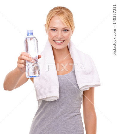 Fitness, happy and portrait of woman with water in studio for health, wellness and body workout or training. Smile, sports and female athlete with hydration drink for exercise by white background. 140357331