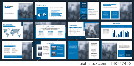 Business Presentation Template Set With Corporate Blue Slides, Charts, Infographics and World Map Layouts Business Presentation Template Set With Corporate Blue Slides, Charts, Infographics and World Map Layouts 140357400
