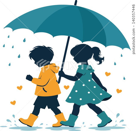 Silhouette illustration of two children, a boy and a girl, walking together under a large blue umbrella in the rain, with hearts floating around them Silhouette illustration of two children, a boy and a girl, walking together under a large blue umbrella in the rain, with hearts floating around them 140357446