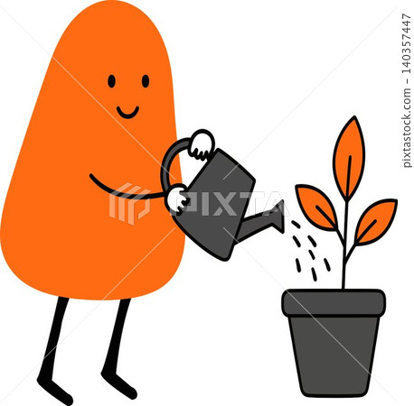 An orange, smiling cartoon character with stick limbs waters a small plant with orange leaves in a pot using a dark grey watering can. An orange, smiling cartoon character with stick limbs waters a small plant with orange leaves in a pot using a dark grey watering can. 140357447